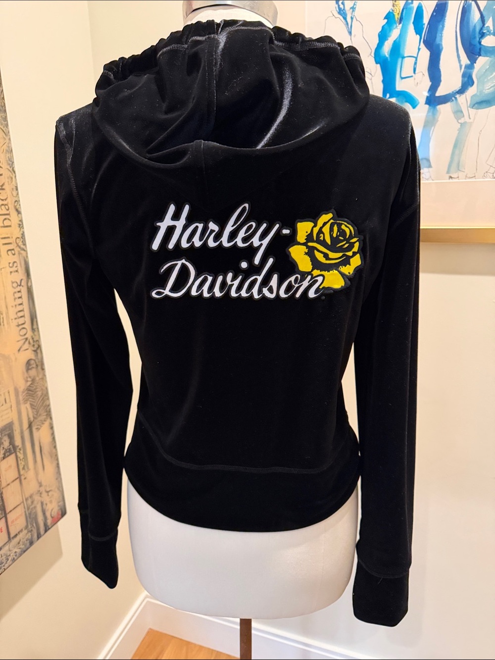 Harley-Davidson Black Velour Hoodie with Yellow Rose Back Graphic